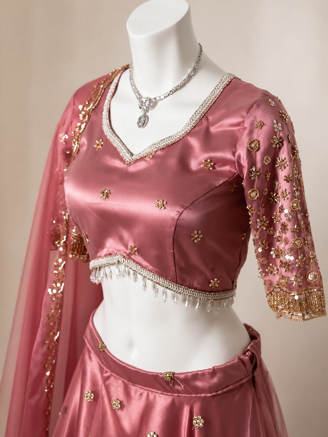 Close-up of hand embroidery on the lehenga bodice