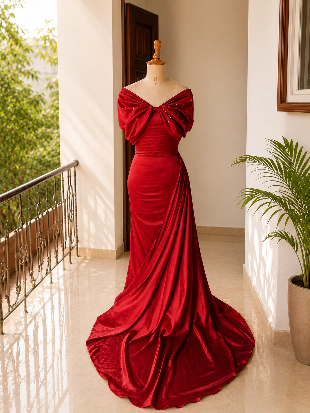 Plum pleated evening gown with graceful draping
