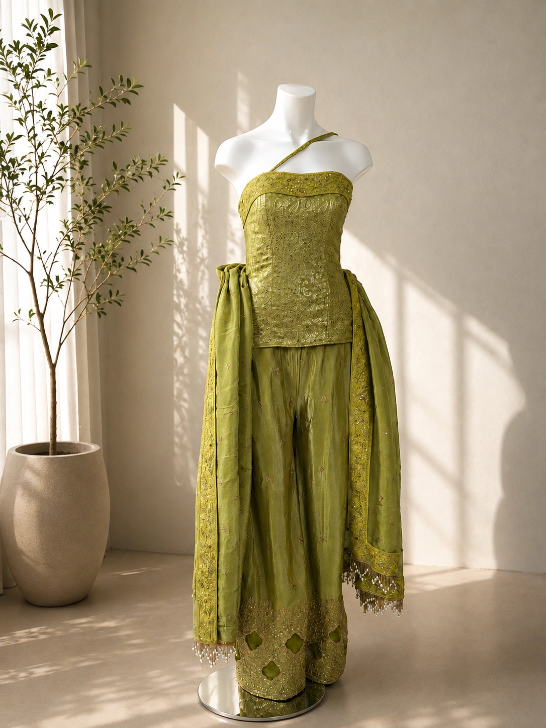 Emerald silk Anarkali with handcrafted border detailing