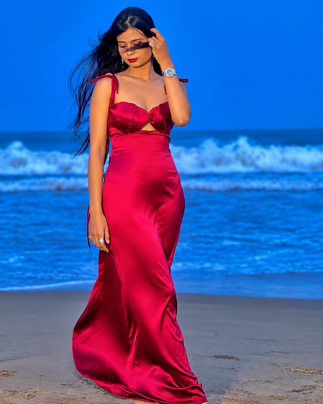 Teal satin evening dress with sculpted silhouette